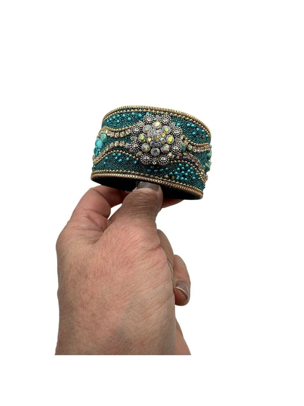 Turquoise & Gold Boho Cuff Bracelet w/ Sparkling Round 18mm Ginger Snap! NWT
